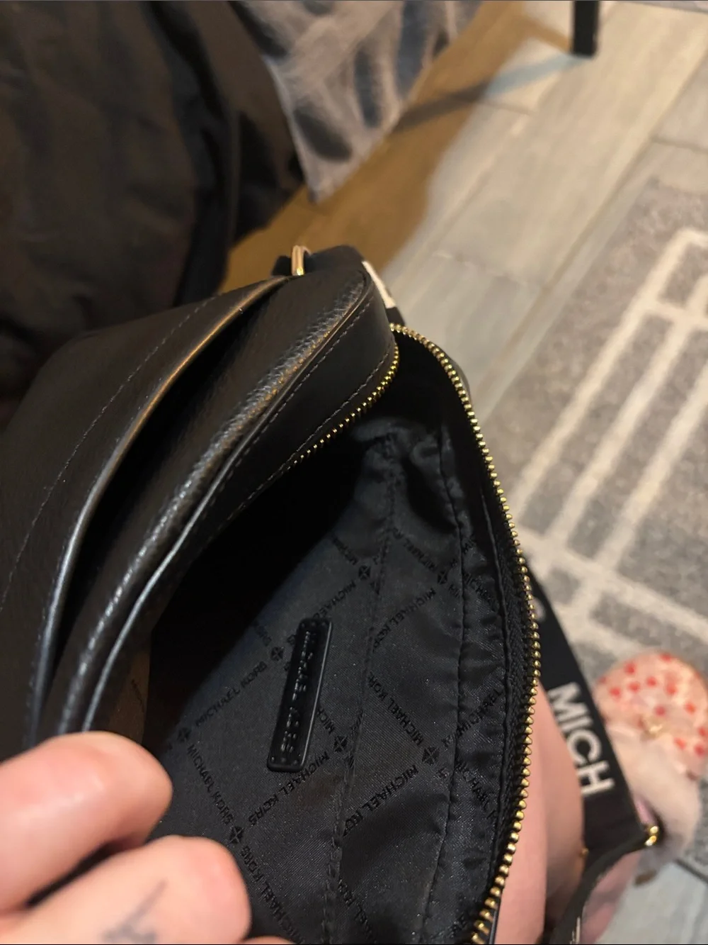 Michael Kors Black Leather Messenger Bag with Branded Strap